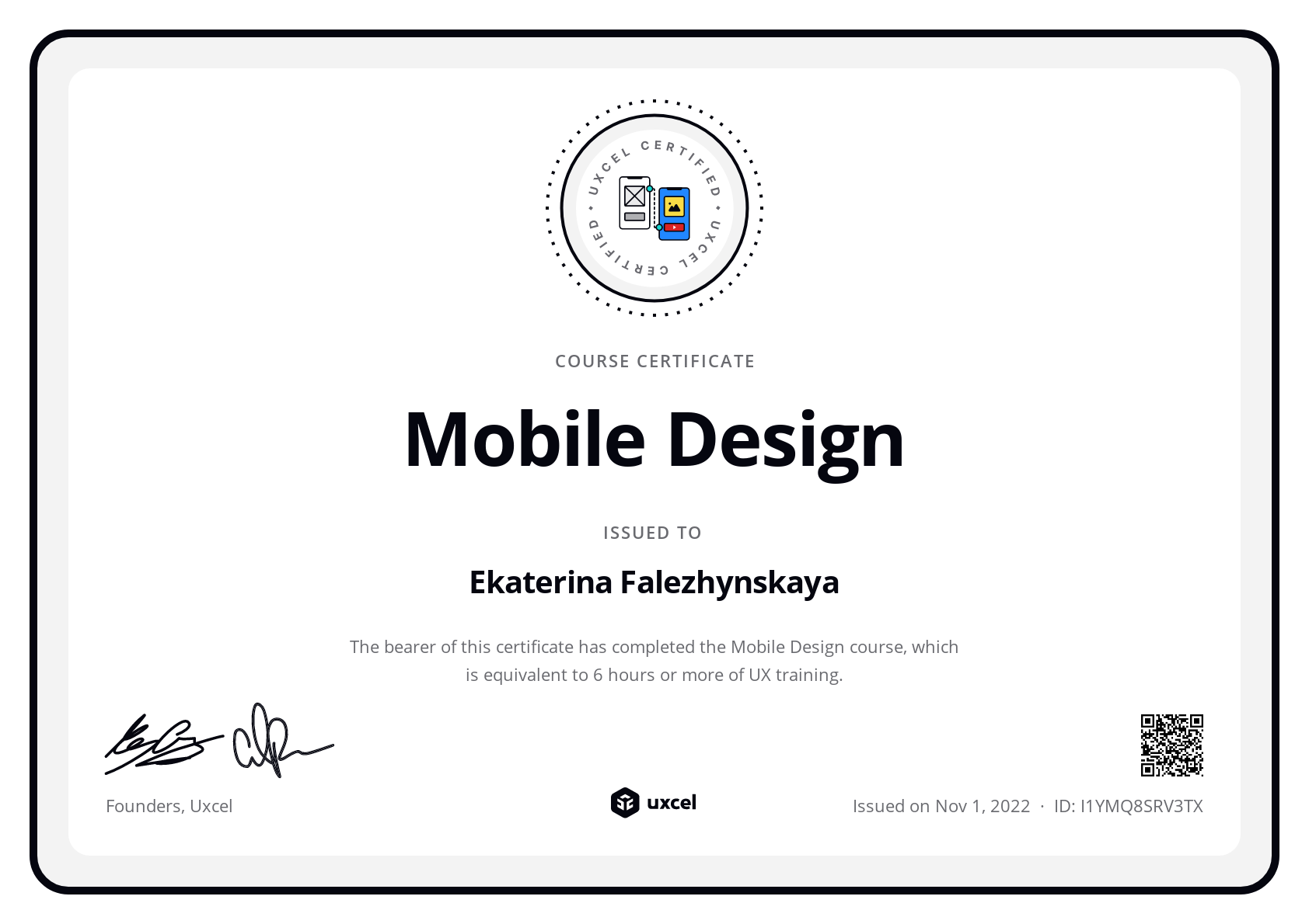 Ekaterina Falezhynskaya's certificate